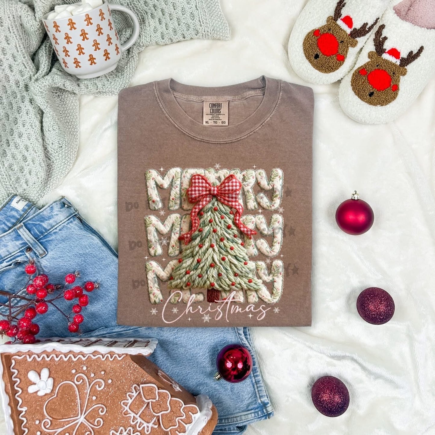 Faux Knit Merry Christmas Tree BowT-Shirt