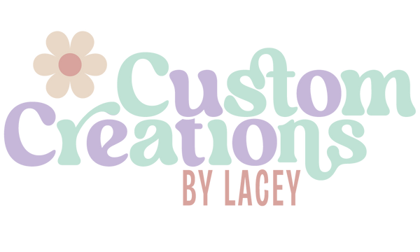 Pastel-colored 'Custom Creations by Lacey' logo with a flower on a white background