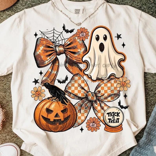 Cute Halloween Ghost & Pumpkin Graphic Tee – Trick or Treat Bow Shirt - Custom Creations by Lacey