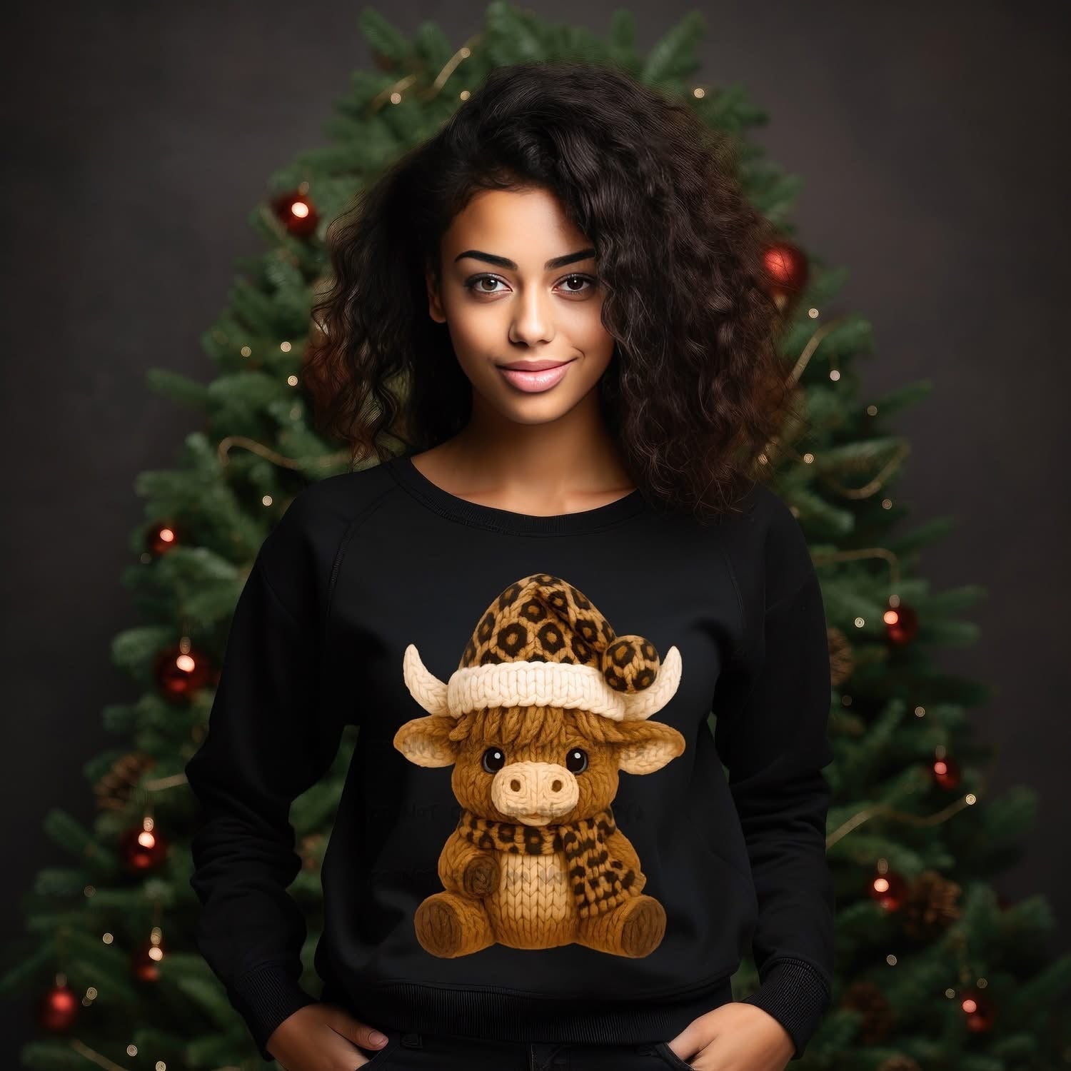 Faux Knit Leopard Hat CowT-Shirt