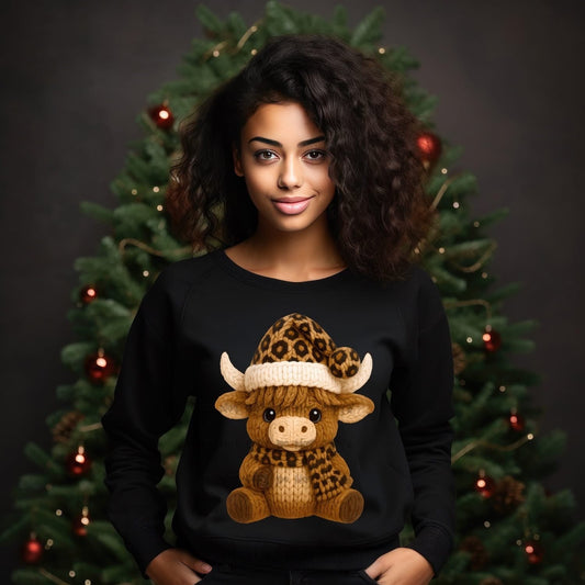 Faux Knit Leopard Hat CowT-Shirt