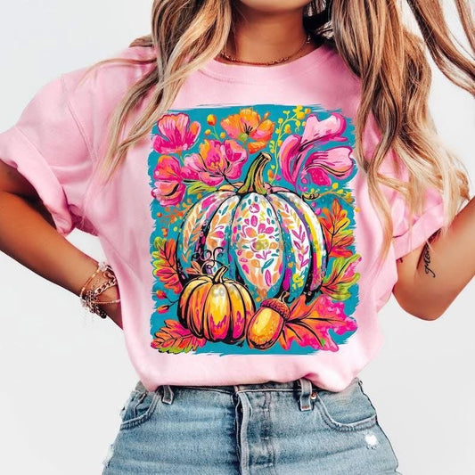 Floral Pumpkin Fall Graphic Tee – Colorful Autumn Shirt for Women - Custom Creations by Lacey