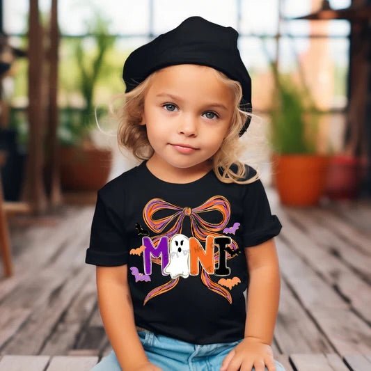 Girl wearing Halloween “MINI” shirt with ghost, bow, and bats.