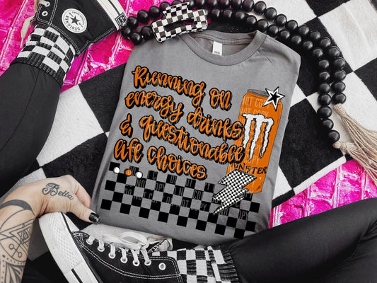 Gray t-shirt with orange text and graphics