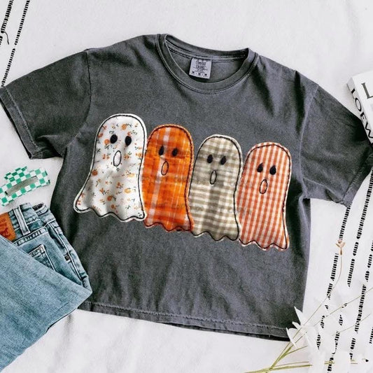 Trendy Plaid & Floral Ghosts Tee – Cute Fall Halloween Aesthetic Shirt - Custom Creations by Lacey