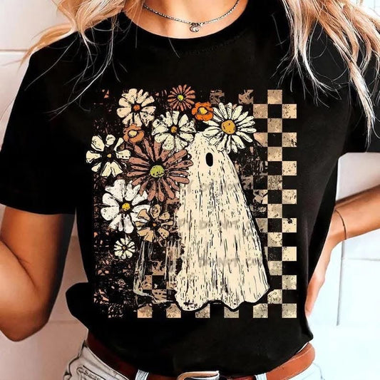 Vintage Floral Ghost Halloween Shirt – Spooky Checkered Graphic Tee - Custom Creations by Lacey